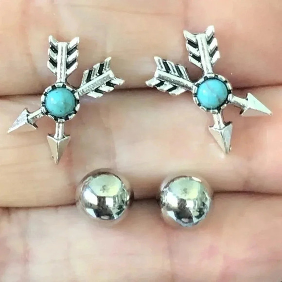 8mm Ball Studs & Turquoise Arrow Stud Stainless Steel Earrings NWT - Picture 1 of 3